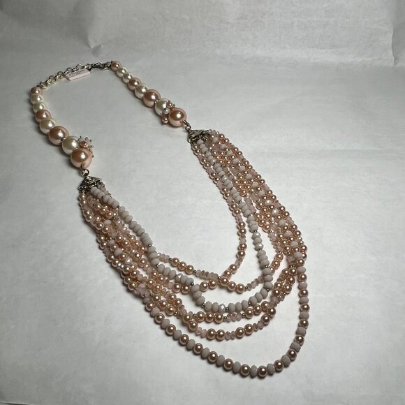 Multi-Strand Pearl & Bead LONG Necklace By Ottaviani BIJOUX Pink & White - Picture 2 of 7